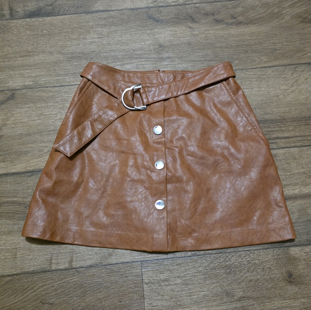 Zara Brown Leather Skirt Size S with Button Detail - Picture 2 of 10